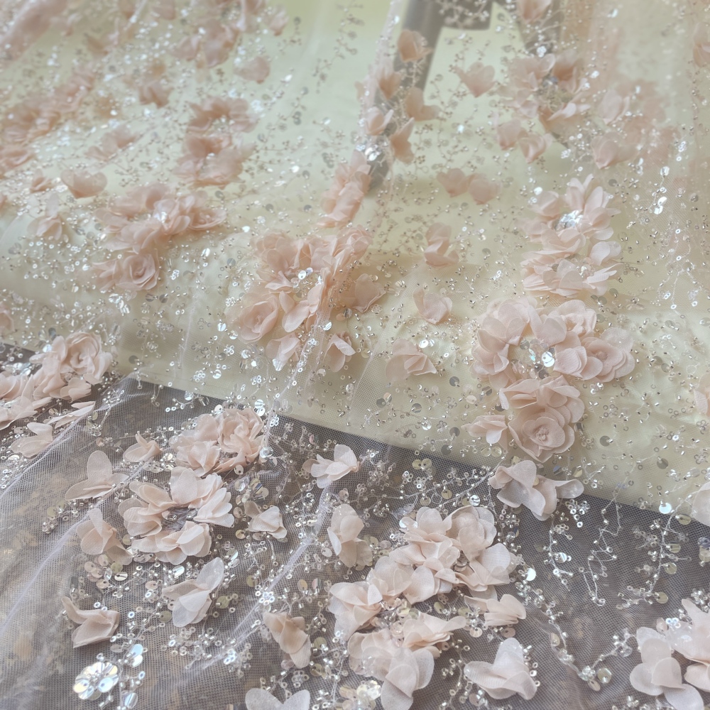 Nude Pink handcrafted petals floral Lace Fabric with Shimmer Stamens