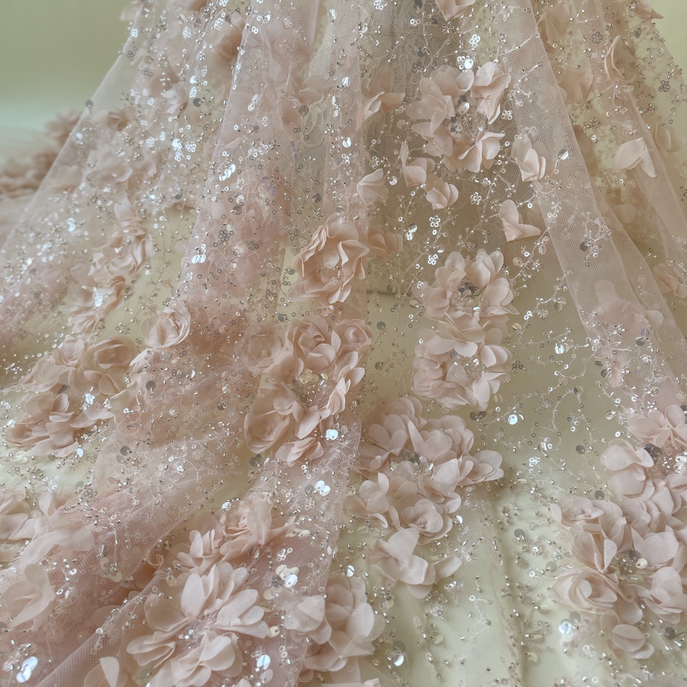 Nude Pink handcrafted petals floral Lace Fabric with Shimmer Stamens