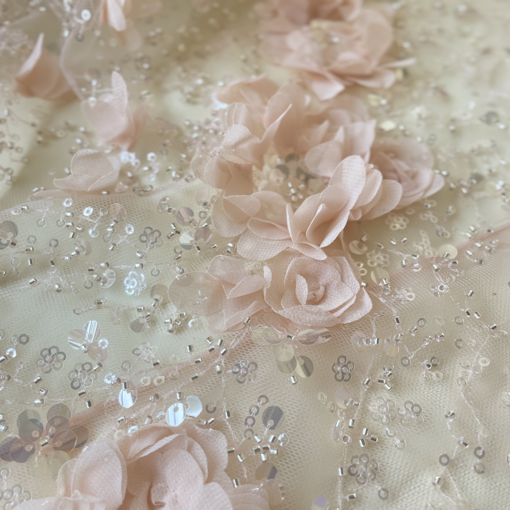 Nude Pink handcrafted petals floral Lace Fabric with Shimmer Stamens