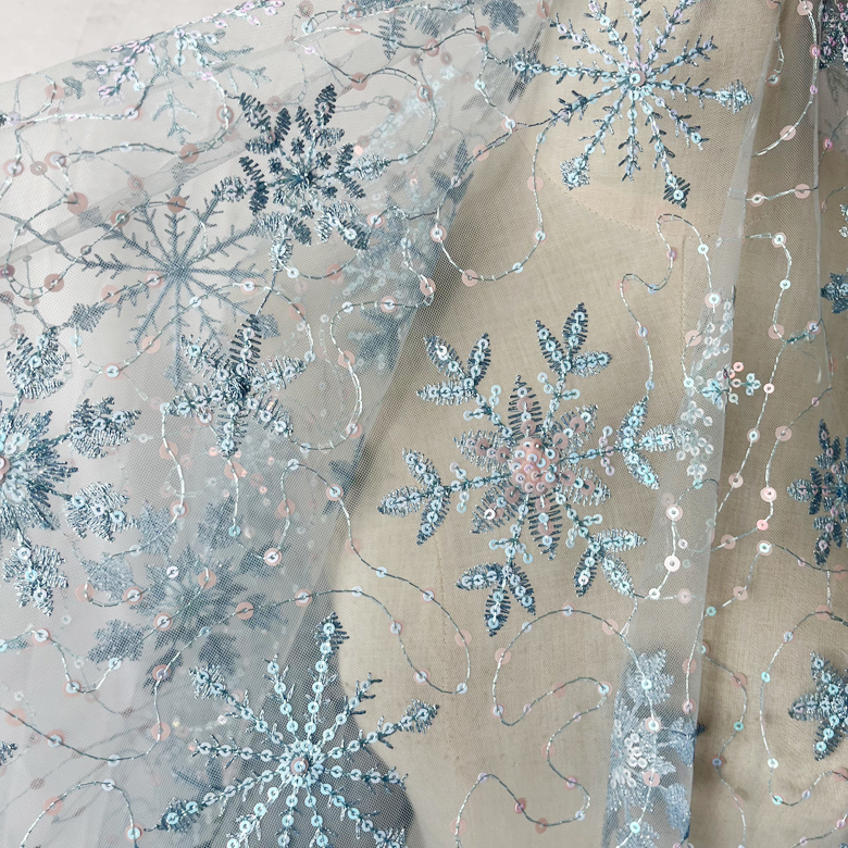 Sparkling Snowflake Sequin Embroidery Lace Fabric for Hat Base Costume Dress Making
