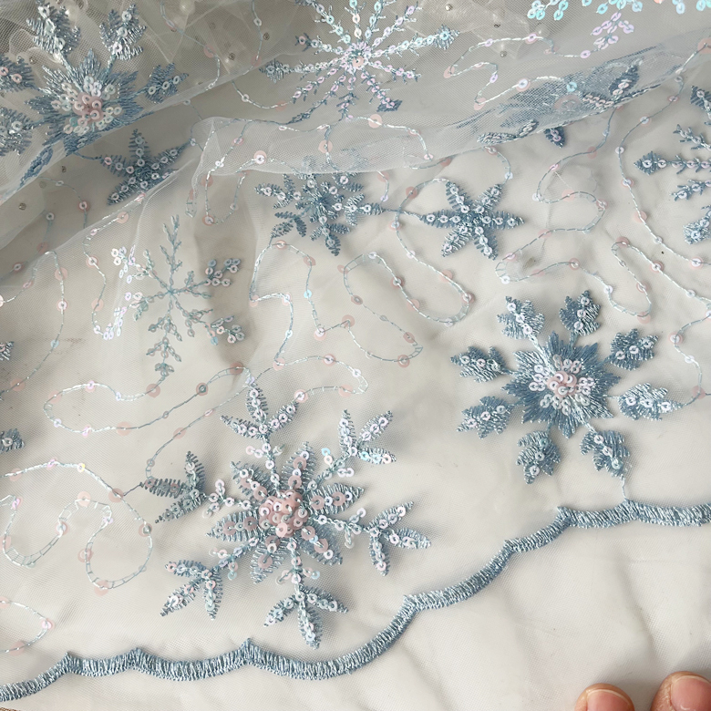 Sparkling Snowflake Sequin Embroidery Lace Fabric for Hat Base Costume Dress Making