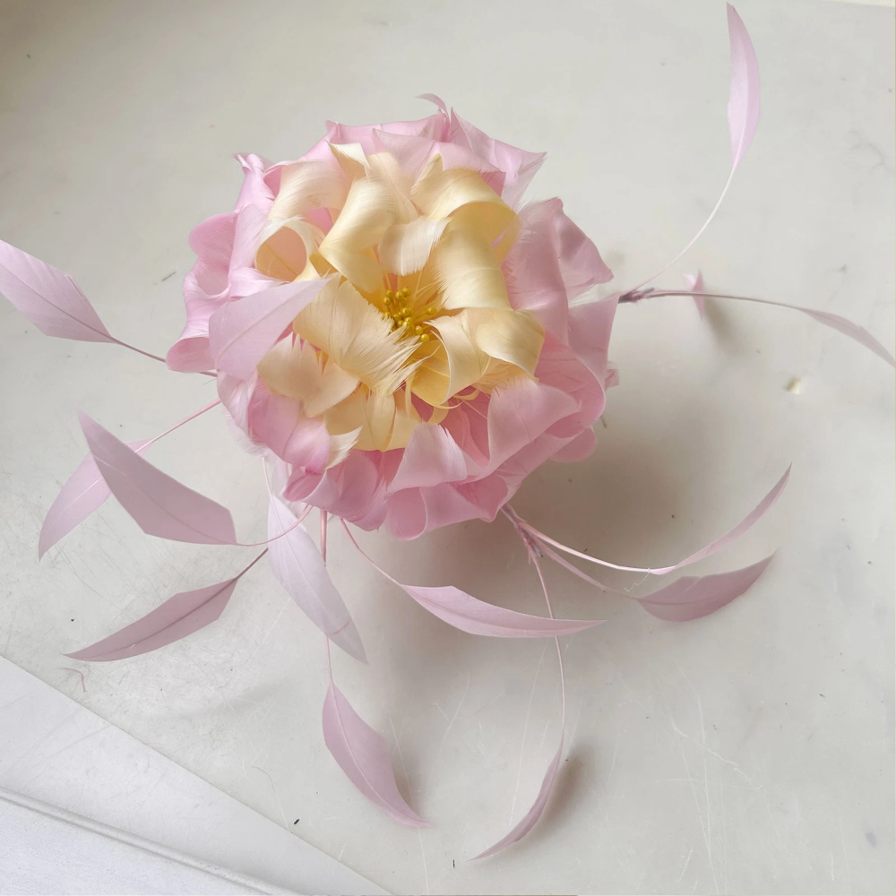 RB130 Multi-Layered Curled Goose Feather Flower with Beaded Stamen - Customizable Two-Tone Design & Adjustable Branches - Professional Millinery Mount 80+ Colours | No MOQ