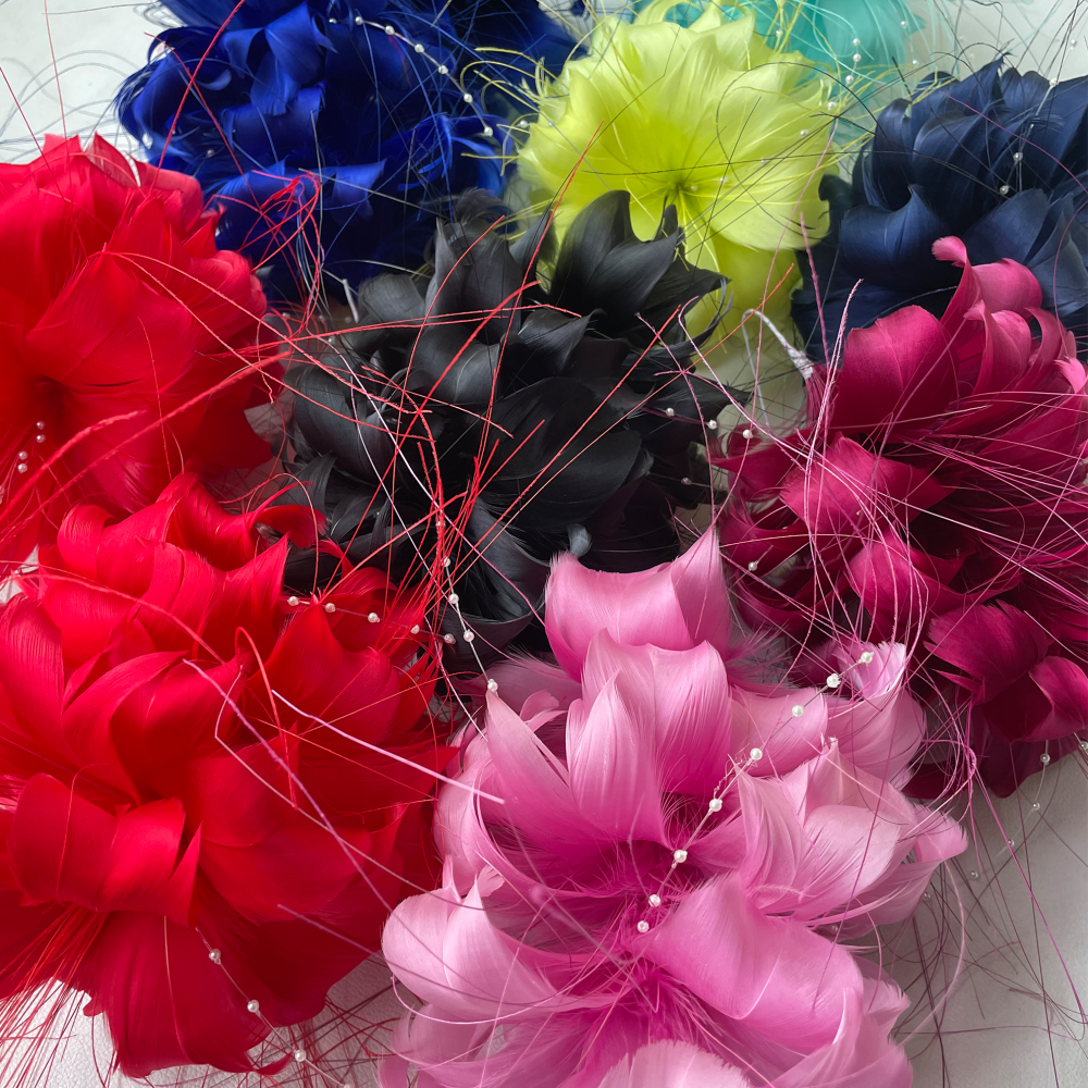 RM725 Curled Goose Feather Flower with Pearl & Peacock Accents - Twisted  Millinery Mount for Millinery & Couture Hats - 80+ Colours | No MOQ