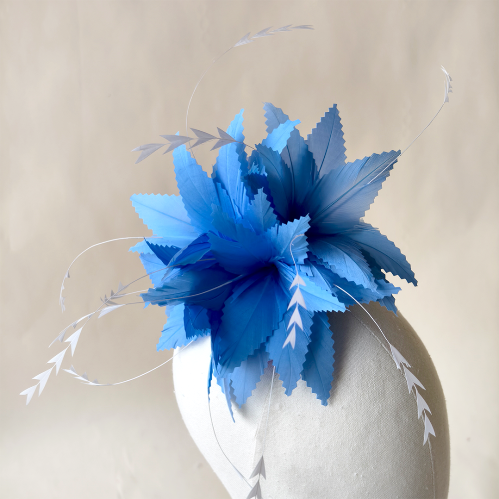 RB108 Serrated Goose Feather Starburst Fascinator Flower with Stripped Coque Accents Fixed Millinery Mount for Millinery & Couture Hats 80+ Colours | No MOQ