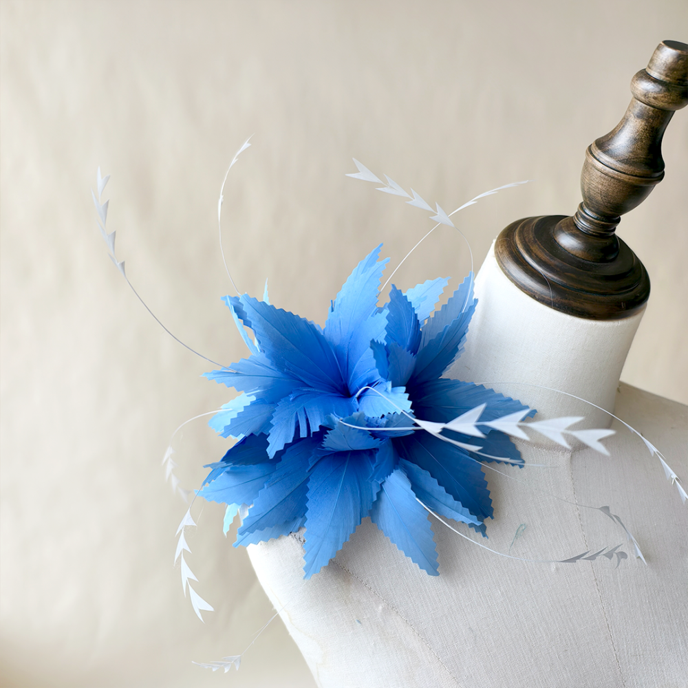 RB108 Serrated Goose Feather Starburst Fascinator Flower with Stripped Coque Accents Fixed Millinery Mount for Millinery & Couture Hats 80+ Colours | No MOQ