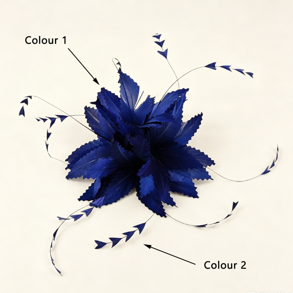 RB108 Serrated Goose Feather Starburst Fascinator Flower with Stripped Coque Accents Fixed Millinery Mount for Millinery & Couture Hats 80+ Colours | No MOQ