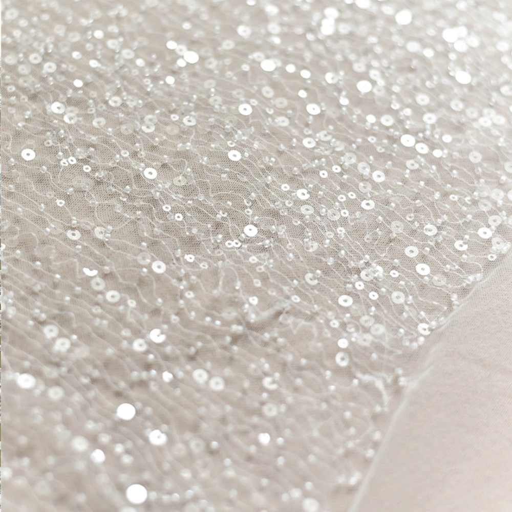 SFB1369 Beaded Sequin Bugle Mesh Tulle Fabric for Bridal Millinery 0.5m