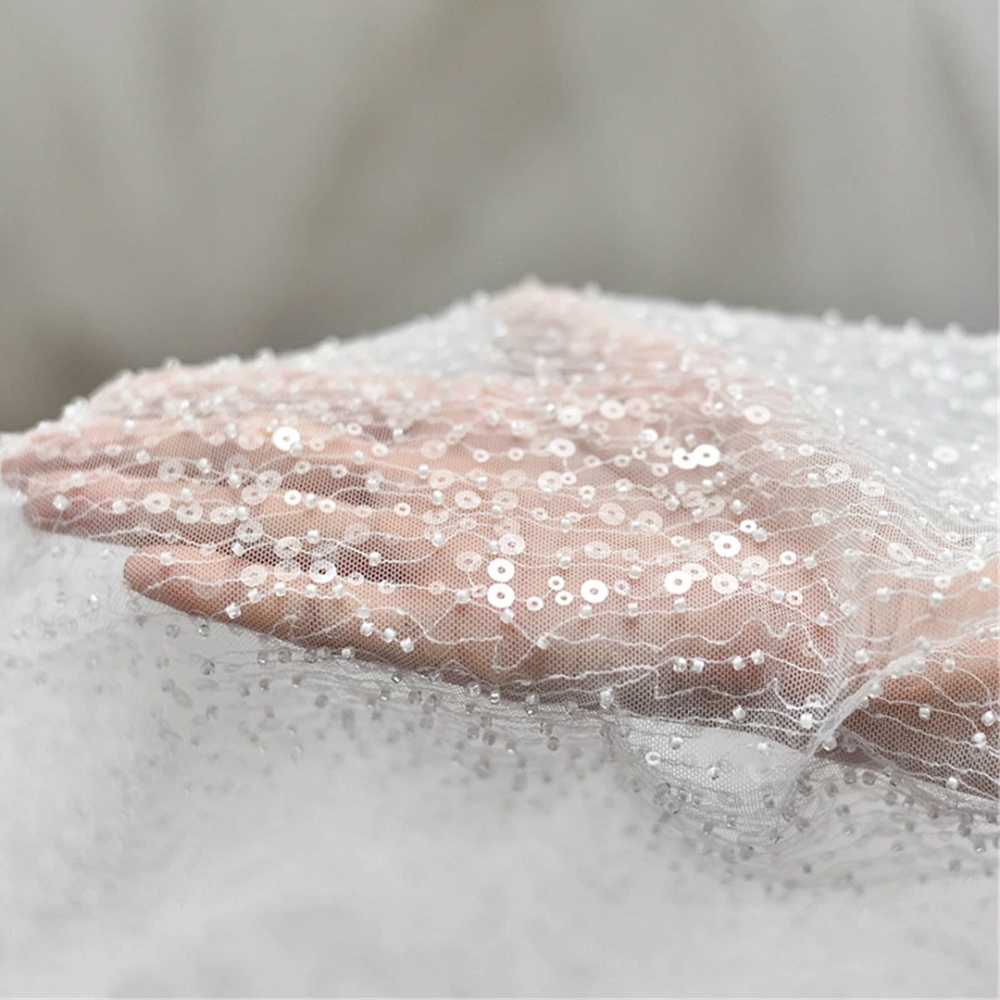 SFB1369 Beaded Sequin Bugle Mesh Tulle Fabric for Bridal Millinery 0.5m