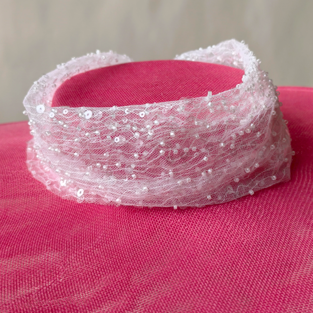 SFB1369 Beaded Sequin Bugle Mesh Tulle Fabric for Bridal Millinery 0.5m