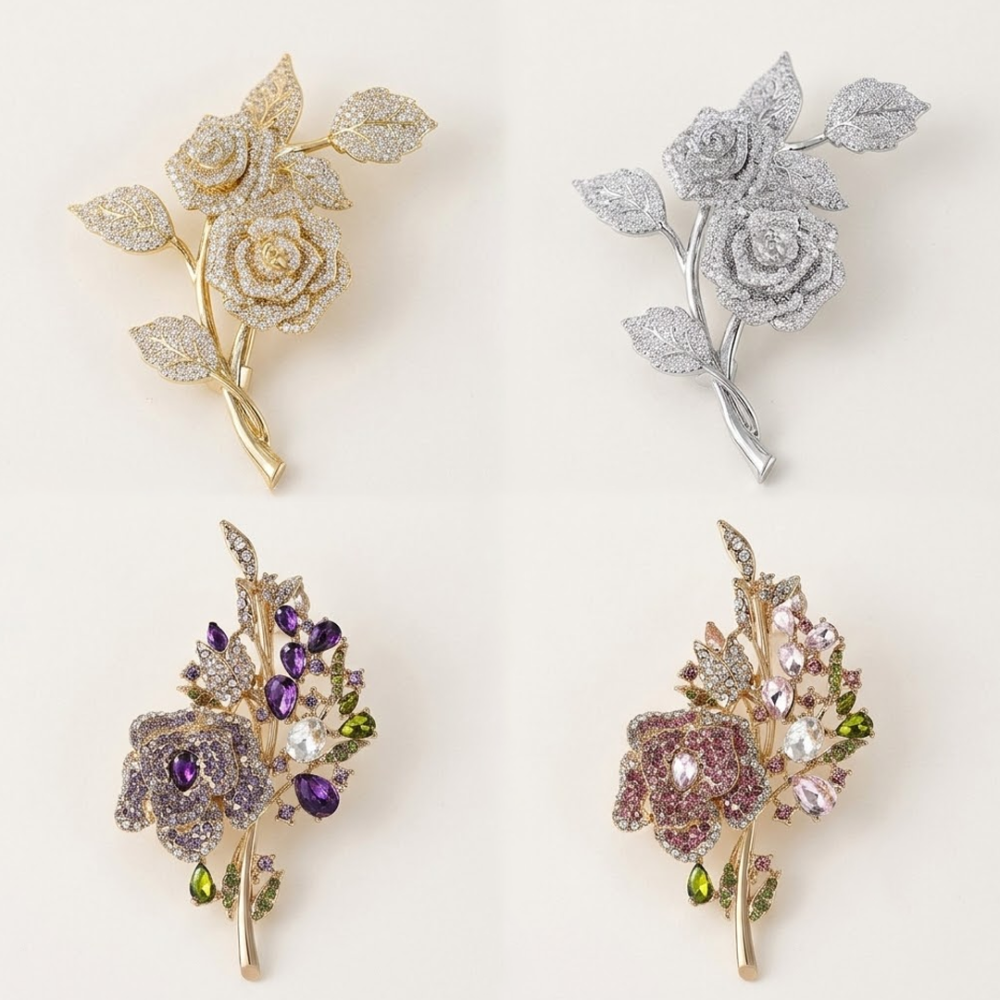 Rhinestone Crystal Pave Rose Brooch Pin for Ascot Millinery & Bridal Headpieces