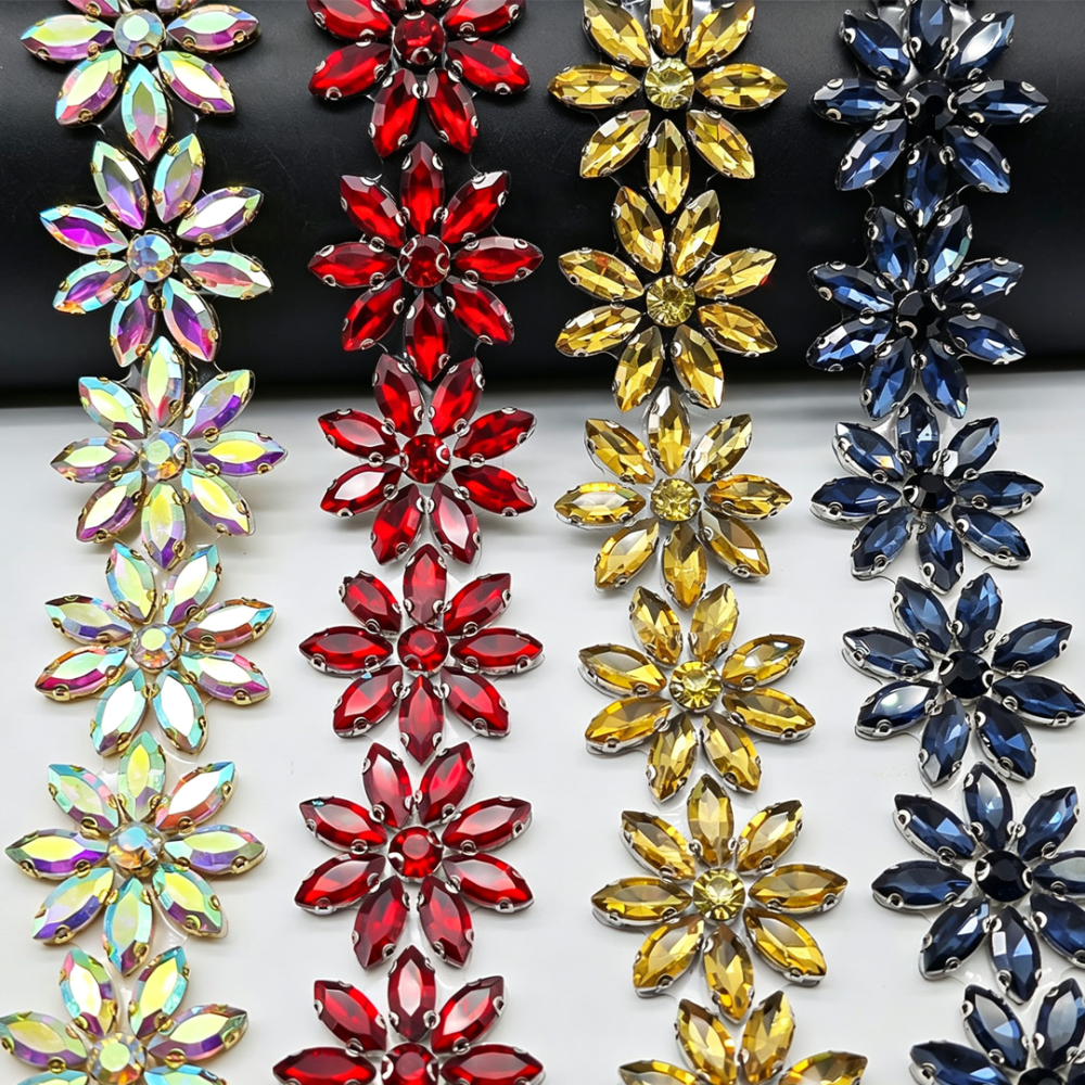 SDC608 Marquise Crystal Floral Hot-Fix Rhinestone Trim for Couture Bridal & Millinery One Yard