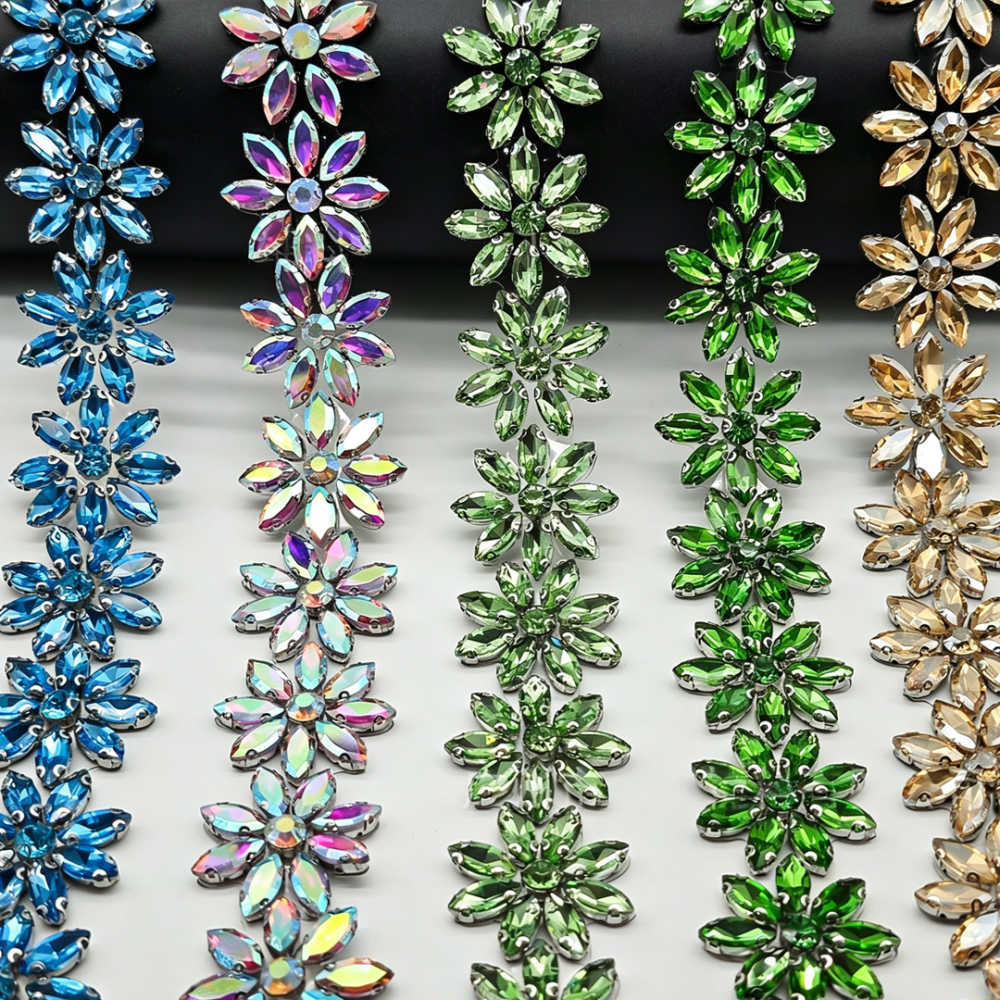 SDC608 Marquise Crystal Floral Hot-Fix Rhinestone Trim for Couture Bridal & Millinery One Yard