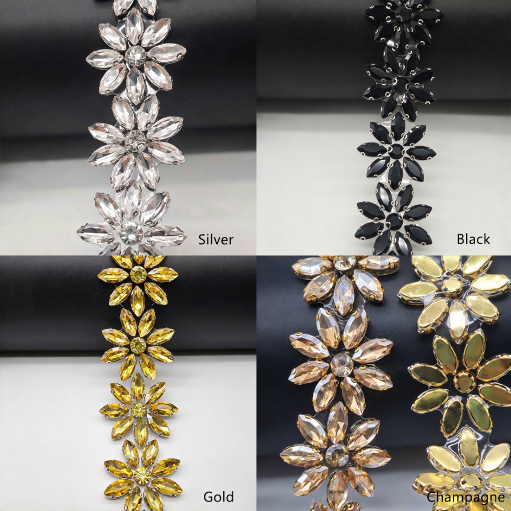 SDC608 Marquise Crystal Floral Hot-Fix Rhinestone Trim for Couture Bridal & Millinery One Yard