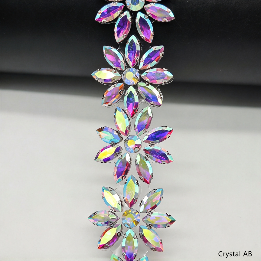 SDC608 Marquise Crystal Floral Hot-Fix Rhinestone Trim for Couture Bridal & Millinery One Yard