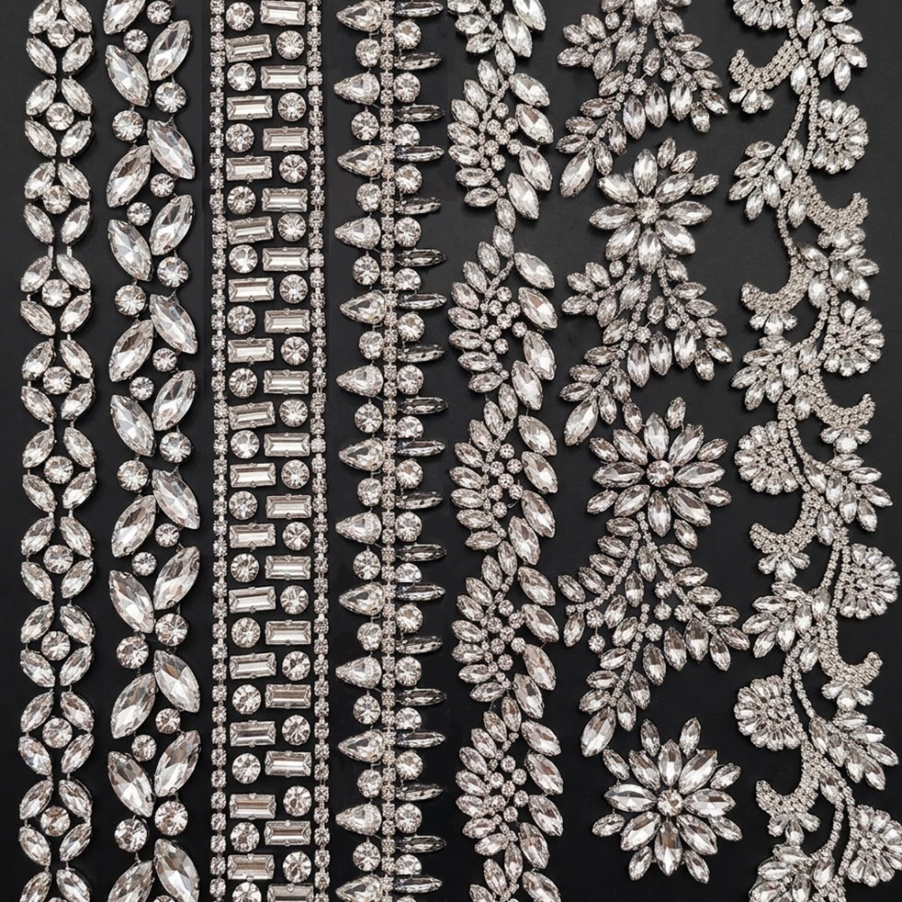 SDC601-SDC607 Geometric & Floral Crystal Rhinestone Hot-Fix Trims for Bridal Millinery One Yard