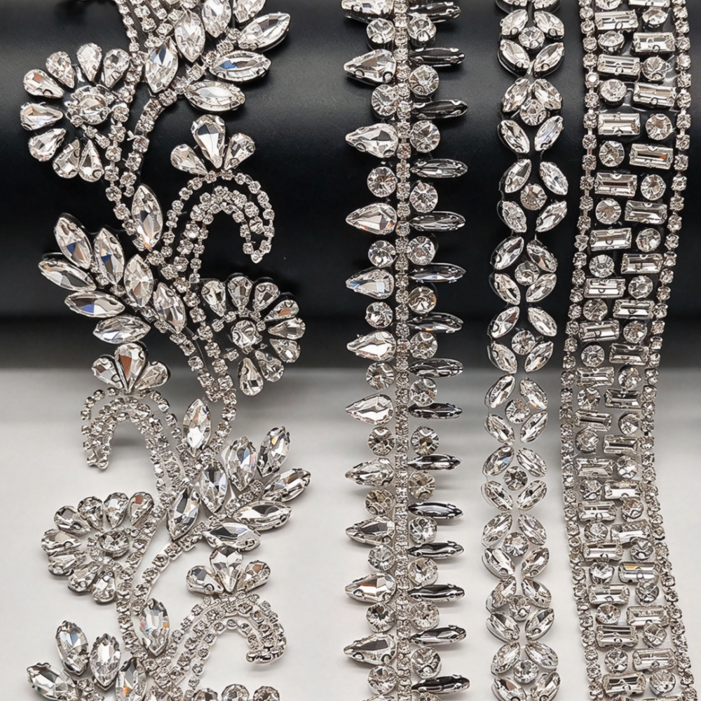 SDC601-SDC607 Geometric & Floral Crystal Rhinestone Hot-Fix Trims for Bridal Millinery One Yard