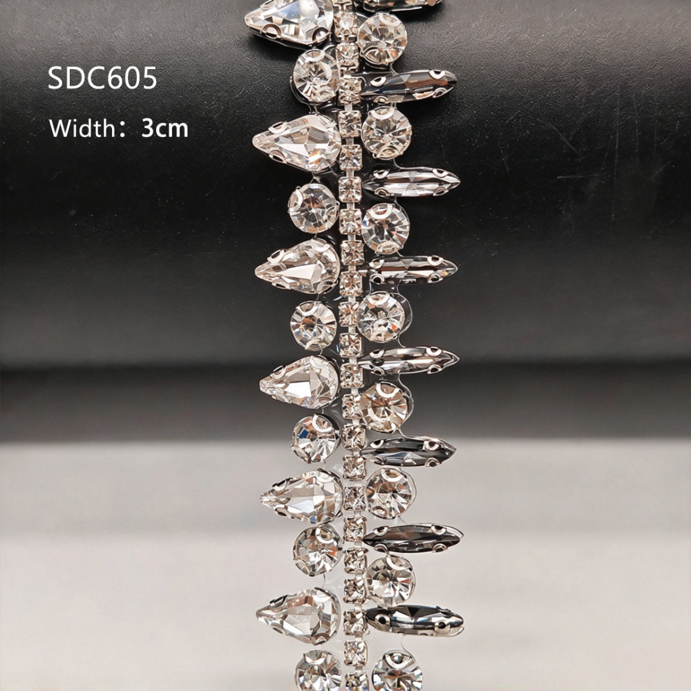 SDC601-SDC607 Geometric & Floral Crystal Rhinestone Hot-Fix Trims for Bridal Millinery One Yard