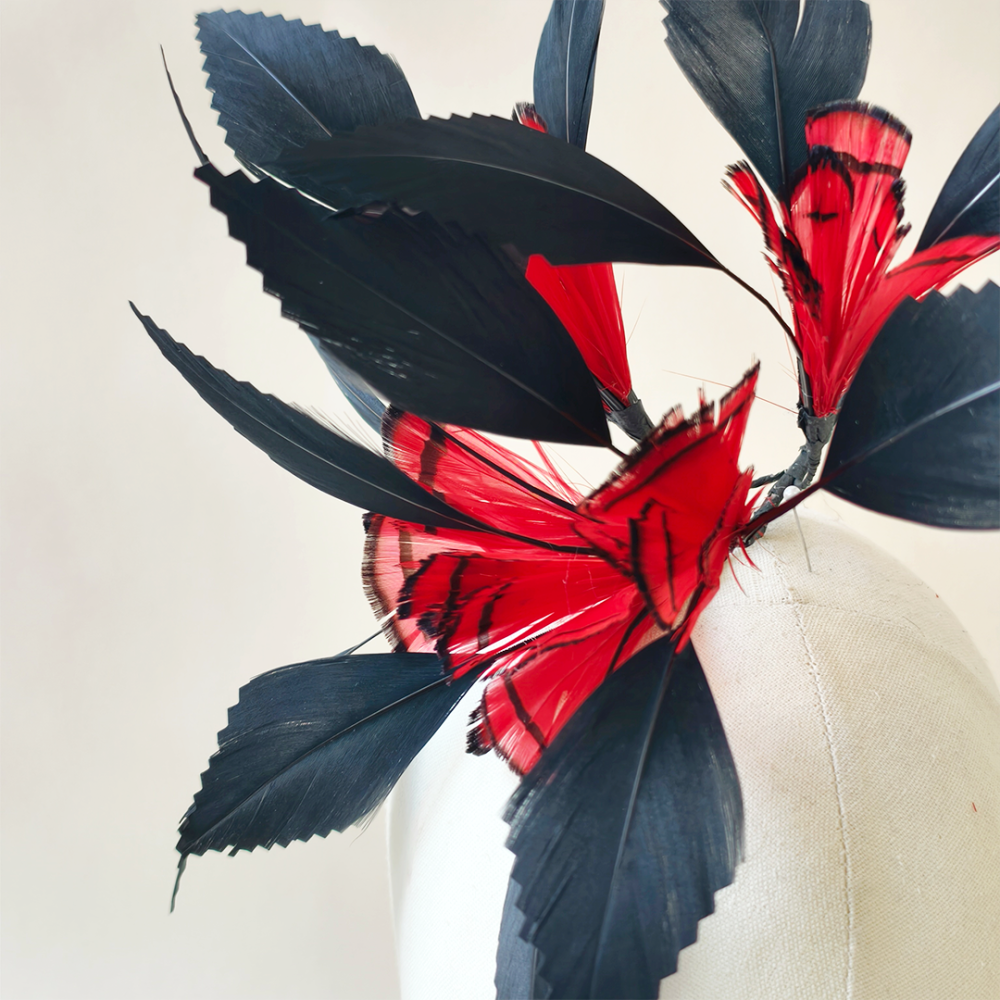 RM607 Botanical Blossoms Pheasant & Serrated Goose Feather Mount for Race Day Millinery