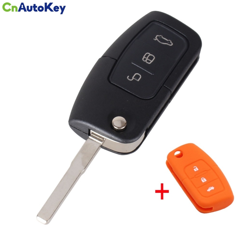 CS018012 3 Button Flip Folding Modified Car Blank Key Shell Remote Fob Cover For Ford Focus Fiesta C Max Ka + Silicone Cover