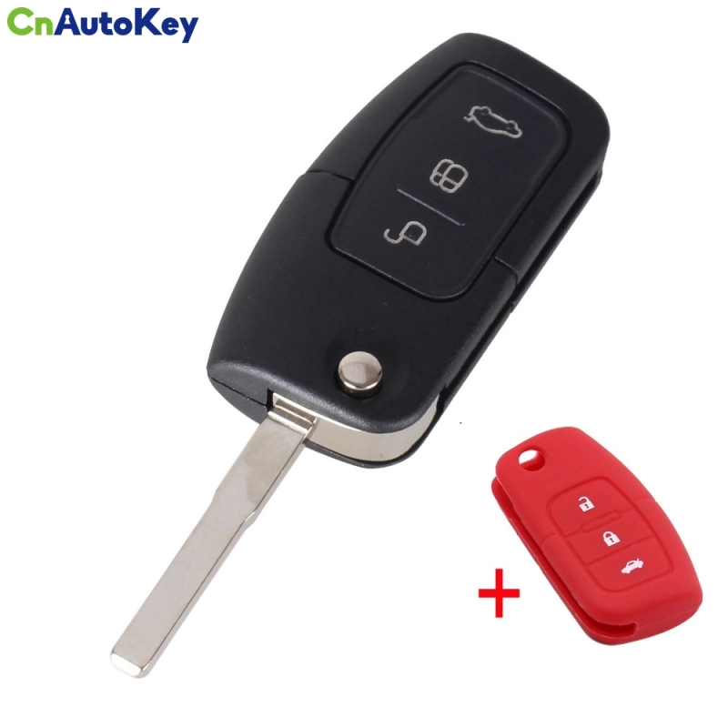 CS018012 3 Button Flip Folding Modified Car Blank Key Shell Remote Fob Cover For Ford Focus Fiesta C Max Ka + Silicone Cover