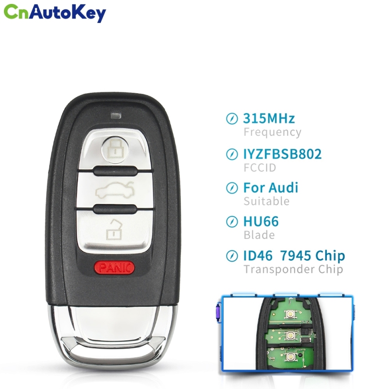 CS008016   For Audi Remote Car Key Keyless 4 Buttons 315MHz IYZFBSB802 For Audi A4 A5 S4 S5 Q5 2008 2009 2010 2011 2012