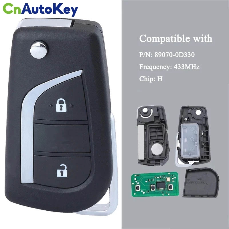 CN007226     Flip Remote Control Car Key With 2 Buttons 433MHz H Chip - FOB for Toyota Aygo Yaris 2014 2015 2016 Fob P/N: 89070-0D330