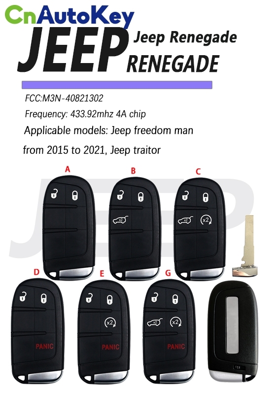 CN086037  2/3/4/5BT Smart Remote Control Key 433mhz 4A Chip Keyless Entry SIP22 Blade for Jeep Renegade M3N-40821302