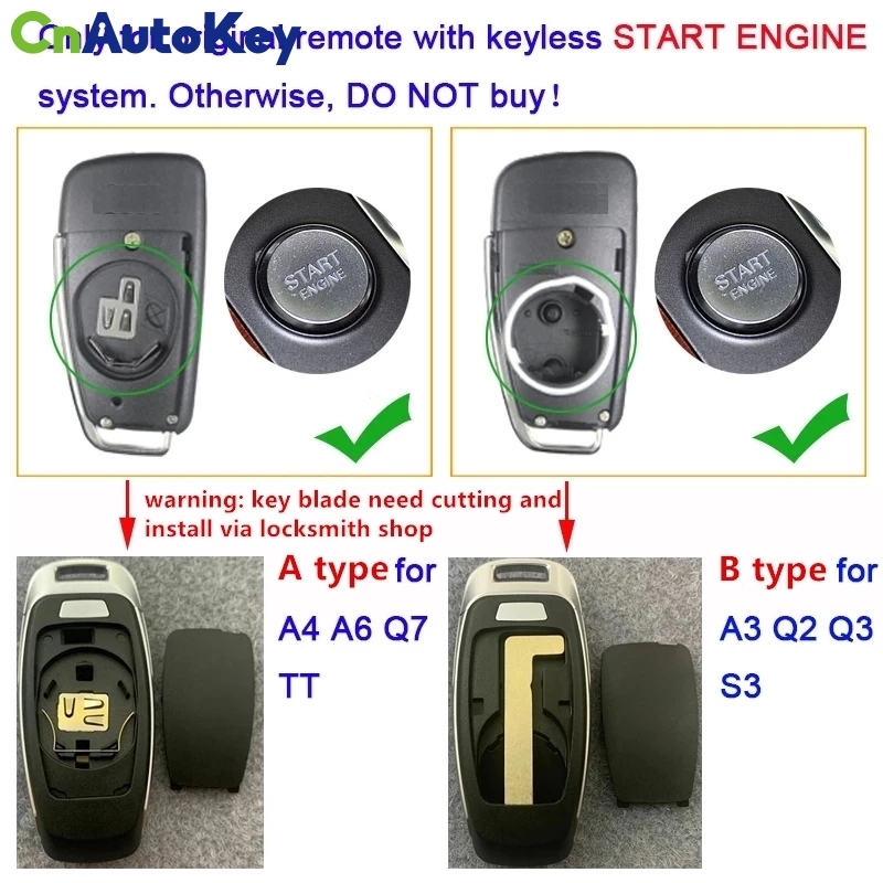 CS008041  Car Modified Remote Key Shell Upgrade Keyless Key Case for Audi A3 A4 A6 A8 TT Q2 Q3 Q5 Q7 S3 S5 R3 A7 RS3 RS5 Remote Key Cover