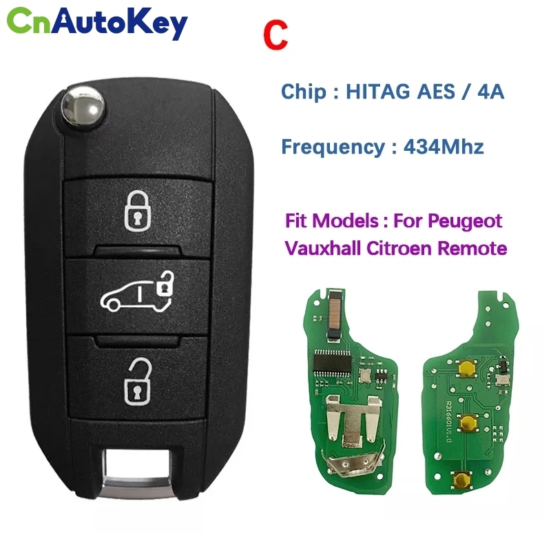 CN016046  Citroen 433 MHz transponder HITAG AES 3 button smart key fob (with logo)