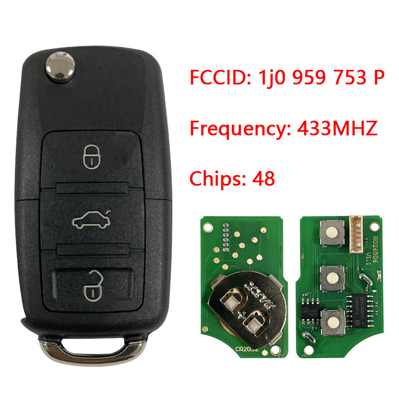 CN001008 1j0 959 753 P 1j0959753p Folding Remote Key Transmitter Starter Alarm For Volkswagen 3b 433mhz Id48 Chip