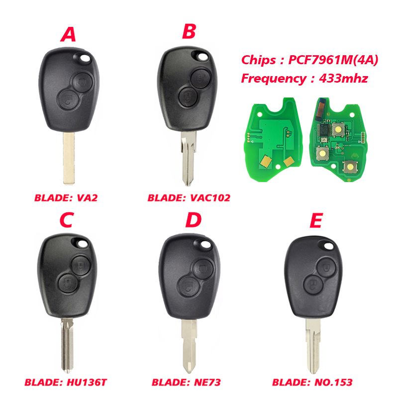 CN010072   2 Button Remote Car Key for Renault 433mhz With PCF7961M/4A VA2 Round Button