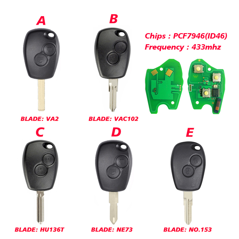 CN010009  Remote Control Key 2 Buttons 433MHz PCF7946 For Renault /Kangoo II /Clio III