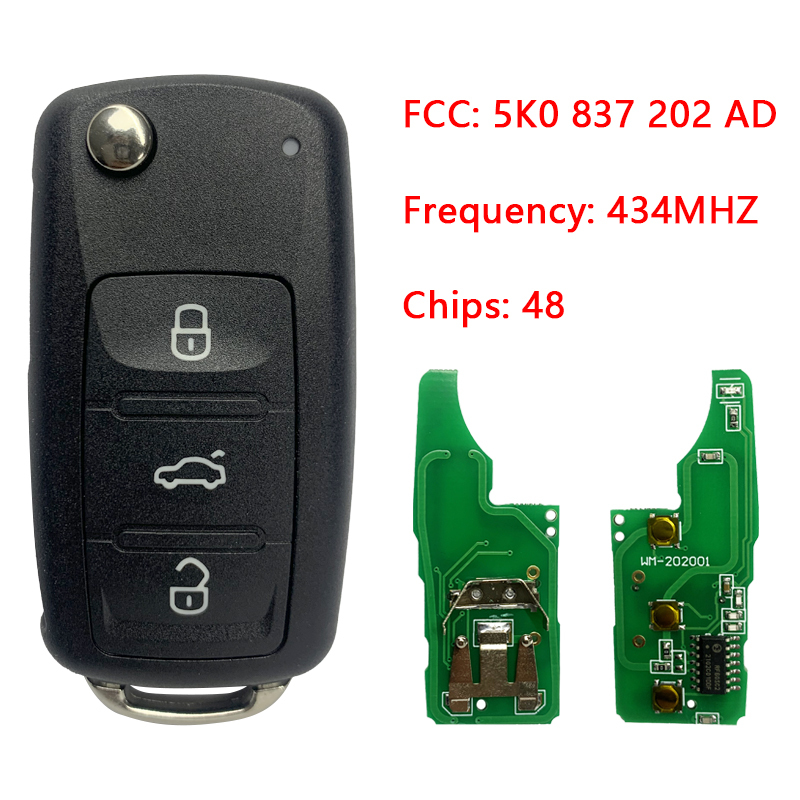 CN001052 Folding Remote Key 3 Button 434MHz With ID48 Chip 5K0 837 202 AD for Volkswagen