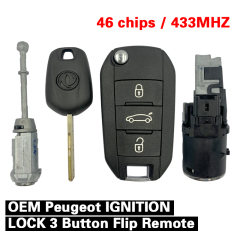 CN009053 OEM Peugeot IGNITION LOCK 3 Button Flip Remote with PCF7941 ID46