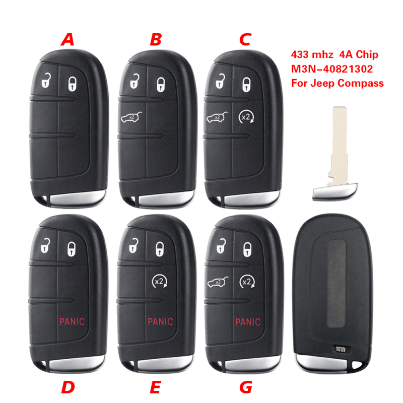 CN086038  2/3/4/5BT Smart Remote Control Key 433mhz 4A Chip Keyless Entry SIP22 Blade For Jeep Compass M3N-40821302