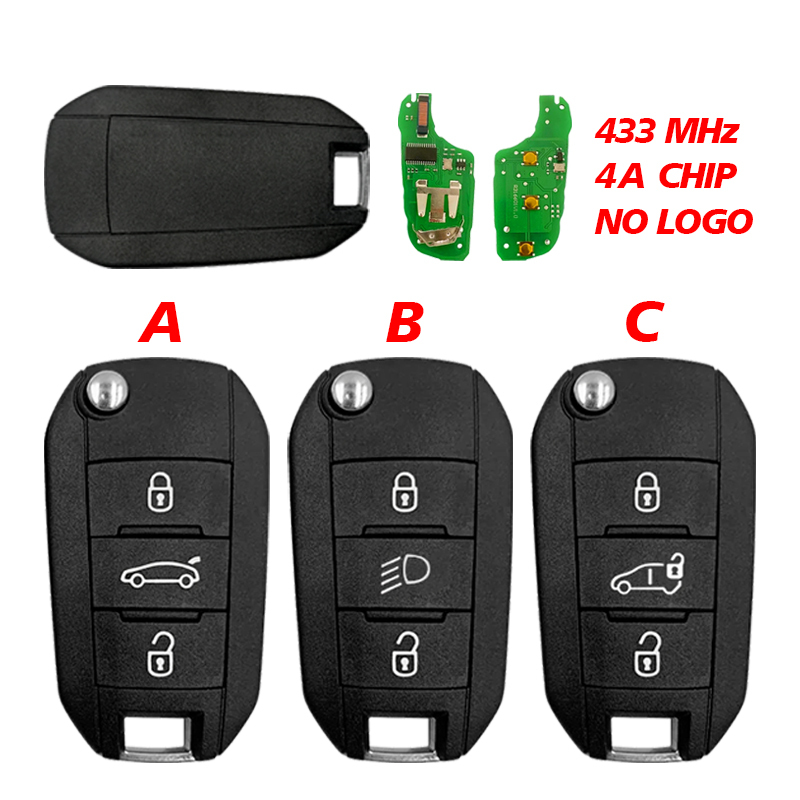 CN00905  Peugeot 433 MHz transceiver HITAG AES 3 button smart key fob (no logo)