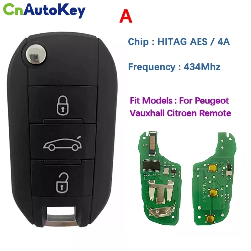 CN009052  Peugeot 433 MHz transceiver HITAG AES 3 button smart key fob (with logo)