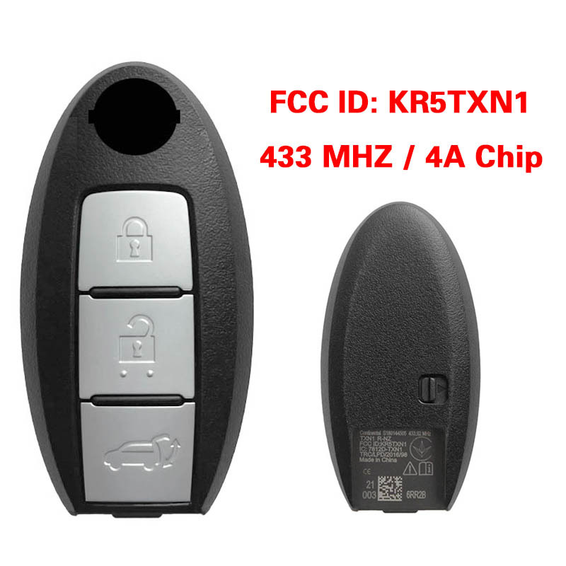 CN027111  Nissan Qashqai 2021 Smart Key Remote 3 Buttons 433 MHz 4A Chip FCC ID: KR5TXN1 P/N: 285E3-6RR2B