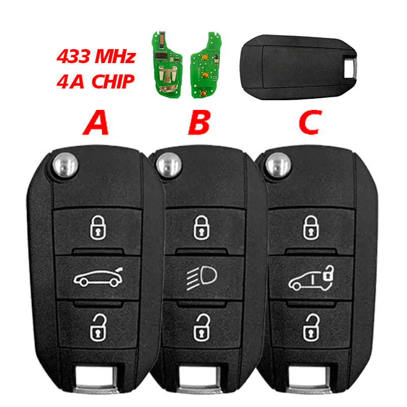 CN016046  Citroen 433 MHz transponder HITAG AES 3 button smart key fob (with logo)