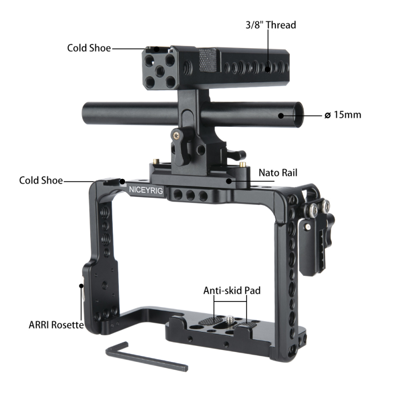 NICEYRIG A7RIV/ A7RIII/ A7II/ A7RII/ A7SII/ A9/A7M4/A7IV Camera Cage Kit with NATO Handle HDMI Cable Lock NATO Rail ARRI Rosette and 15mm rod