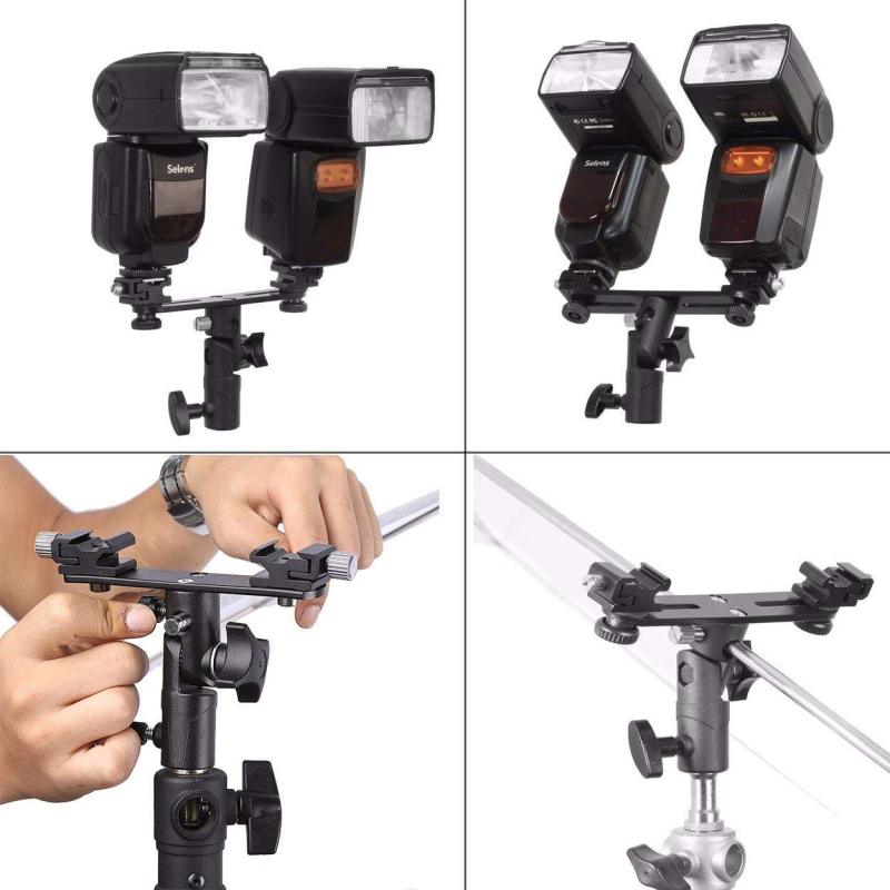 Niceyrig Adjustable Double Flash Bracket Dual Hot Shoe Speedlight Stand Umbrella Holder Light Stand Bracket Mount 1/4" to 3/8'' Compatible