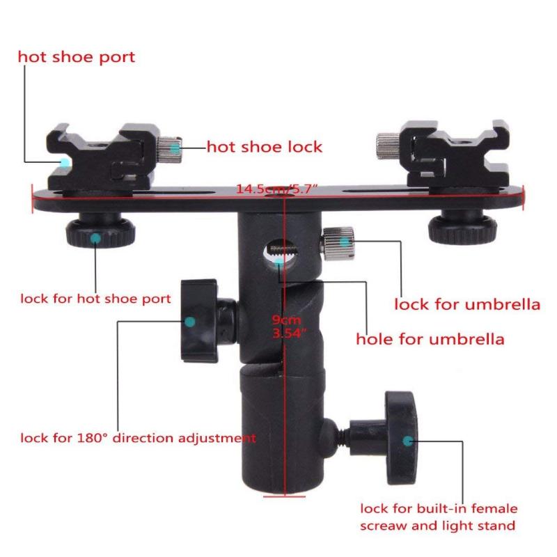 Niceyrig Adjustable Double Flash Bracket Dual Hot Shoe Speedlight Stand Umbrella Holder Light Stand Bracket Mount 1/4" to 3/8'' Compatible