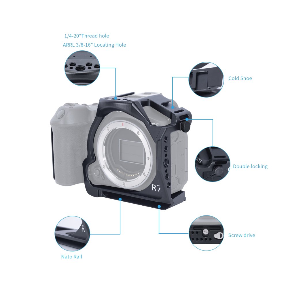 Niceyrig Camera Cage kit for Canon EOS R7 with Cold Shoe Mount Arri Locating Hole Nato Rail Arca-Swiss Bottom