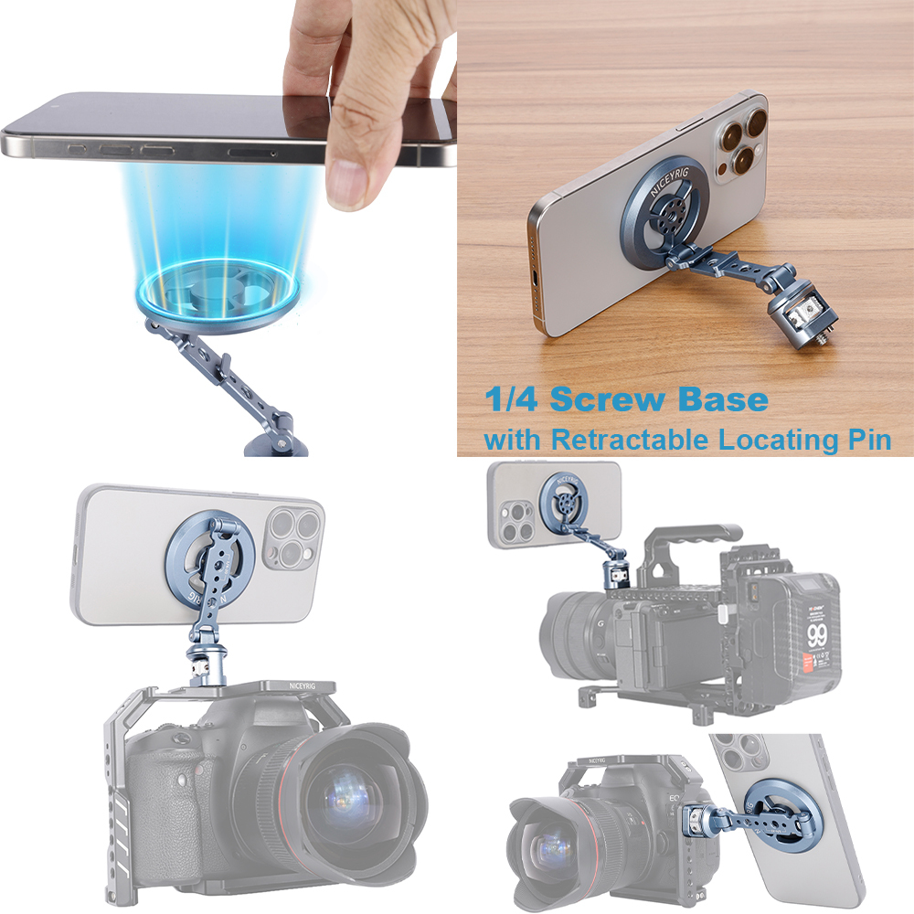 Niceyrig Magnetic Phone Mount Holder Mental Bracket with 1/4 Screw/Clod Shoe Mount/Nato Clamp for Magsafe Adaptor for Tripod Mount,Selfie Stick,Monopod,Camera Monitoring,Stabilizers,Car Suction Cup Mount and Compatible with iPhone 16/15/14/13/12 Series
