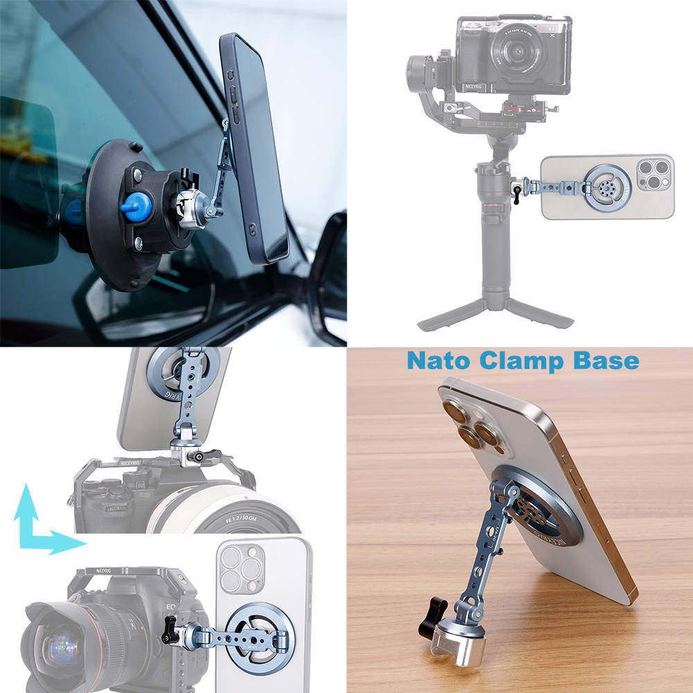 Niceyrig Magnetic Phone Mount Holder Mental Bracket with 1/4 Screw/Clod Shoe Mount/Nato Clamp for Magsafe Adaptor for Tripod Mount,Selfie Stick,Monopod,Camera Monitoring,Stabilizers,Car Suction Cup Mount and Compatible with iPhone 16/15/14/13/12 Series