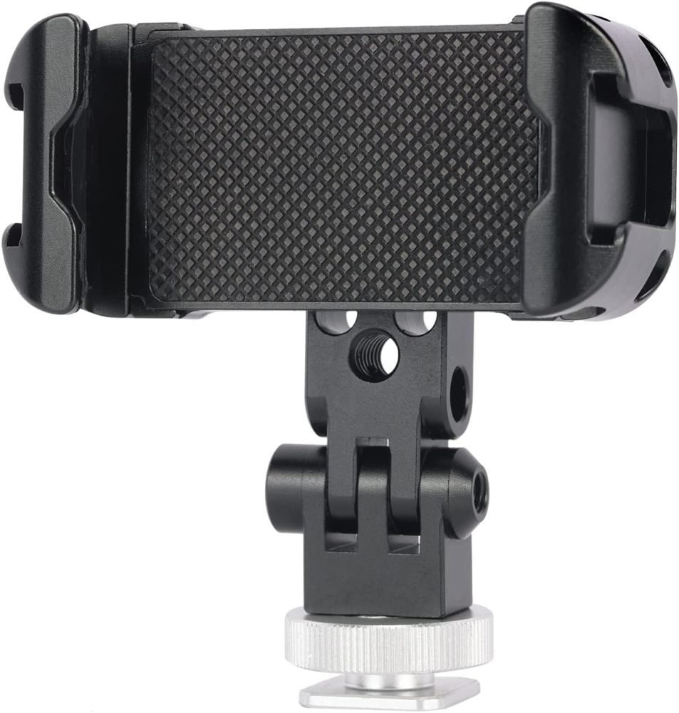 NICEYRIG Aluminum Tripod Mount Holder for iPhone 16/15/14/13/12/11 Pro 6.1'', Pro Max 6.7'', Vlog Vlogging Smartphone Video Clamp with Cold Shoe Mount for DSLR Camera - 515