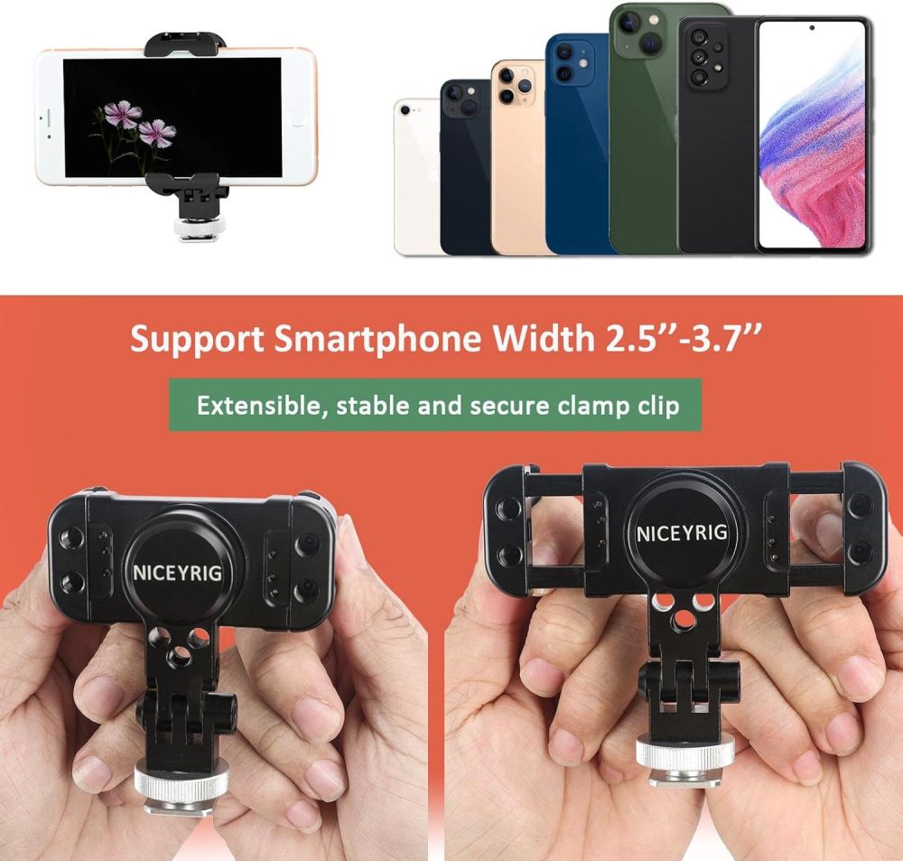 NICEYRIG Aluminum Tripod Mount Holder for iPhone 16/15/14/13/12/11 Pro 6.1'', Pro Max 6.7'', Vlog Vlogging Smartphone Video Clamp with Cold Shoe Mount for DSLR Camera - 515