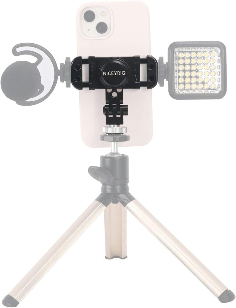 NICEYRIG Aluminum Tripod Mount Holder for iPhone 16/15/14/13/12/11 Pro 6.1'', Pro Max 6.7'', Vlog Vlogging Smartphone Video Clamp with Cold Shoe Mount for DSLR Camera - 515