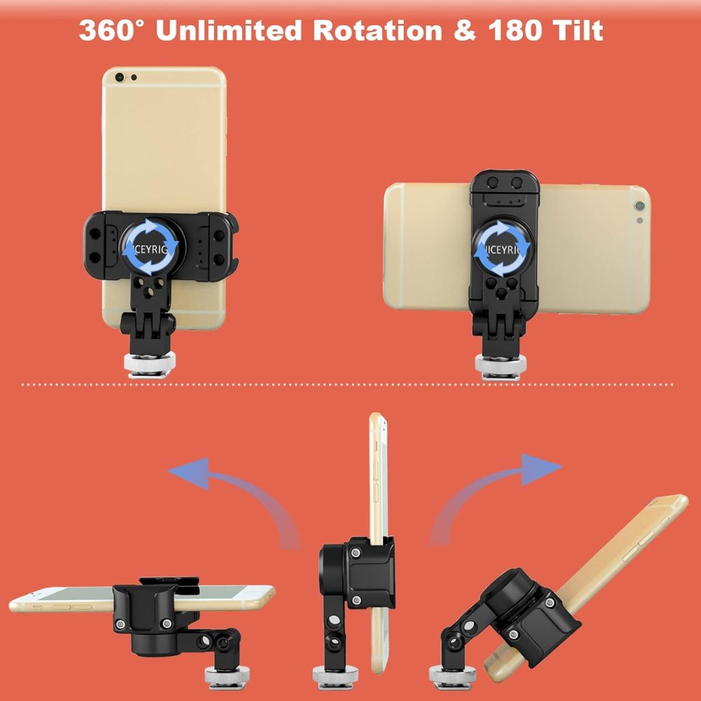 NICEYRIG Aluminum Tripod Mount Holder for iPhone 16/15/14/13/12/11 Pro 6.1'', Pro Max 6.7'', Vlog Vlogging Smartphone Video Clamp with Cold Shoe Mount for DSLR Camera - 515