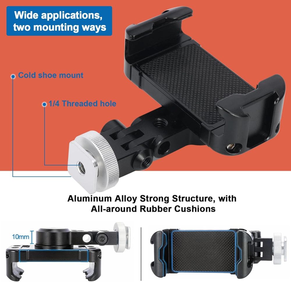 NICEYRIG Aluminum Tripod Mount Holder for iPhone 16/15/14/13/12/11 Pro 6.1'', Pro Max 6.7'', Vlog Vlogging Smartphone Video Clamp with Cold Shoe Mount for DSLR Camera - 515